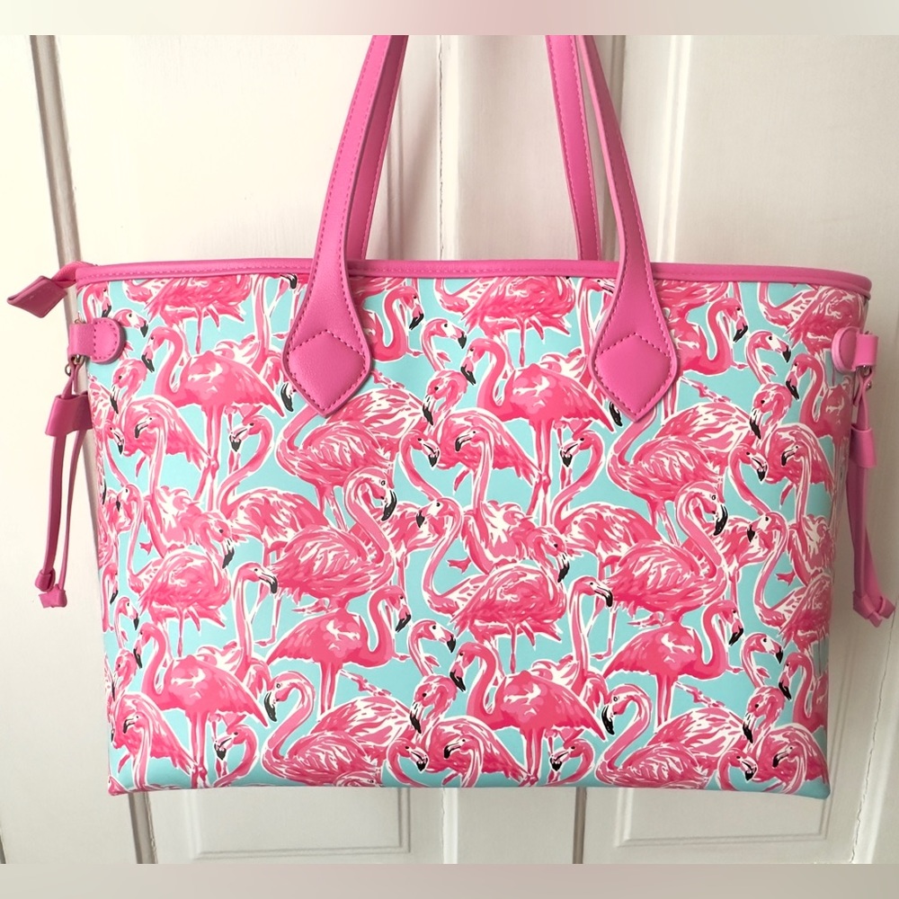 NWT- Simply Southern - Large Zip-up Tote w/ coin purse - Blue & Pink Flamingo